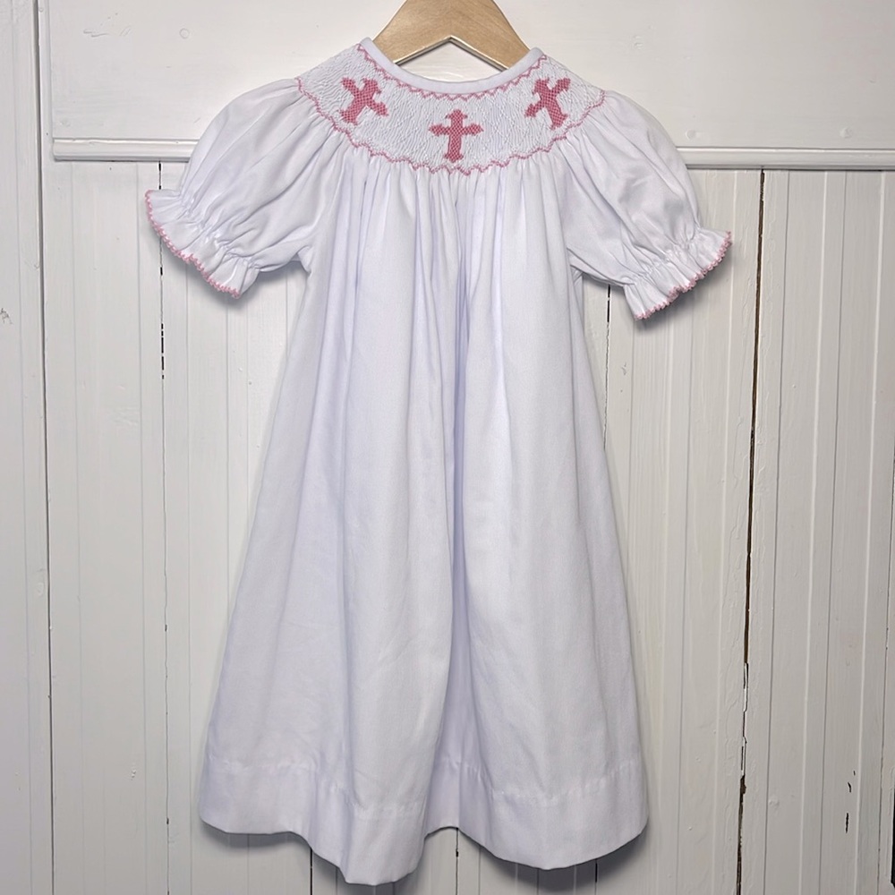 SOUTHERN SUNSHINE EUC Pink Cross Smocked White Dress